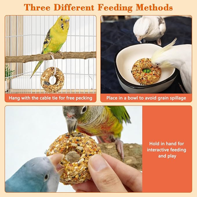 Fhiny 4 PCS Parakeet Treats, Donut Shaped Natural Grain Cockatiel Food with Fruits Vegetables Flowers and Herbs Bird Chew Toys for Parrot Conure Lovebird Training Rewards and Beak Grinding