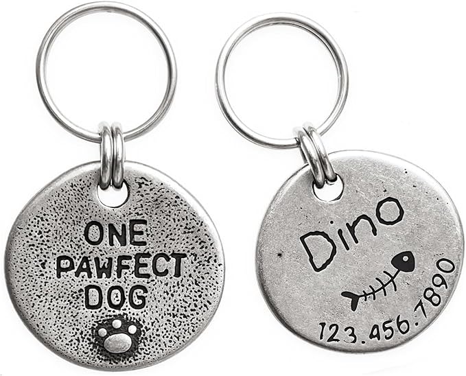 Artistic Handmade Hammered Collar Cat Dog ID Tags with Unique Handcrafted Design and Durable Stainless Steel, Personalized Deep Engraving with Your Own Text (Onepawfectdog)
