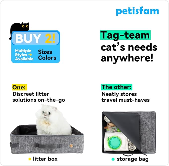 Stop Lugging a Heavy Hard Litter Box Again. Portable Cat Travel Litter Box with Zipped Lid to Keep Everything Contained. Easy to Carry, Clean and Use in Car, Hotel, Airplane