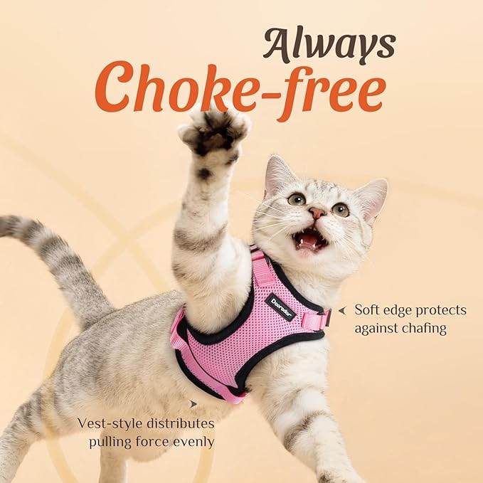 Dooradar Cat Harness and Leash Set, Escape Proof Safe Adjustable Kitten Vest Harnesses for Walking, Easy Control Soft Breathable Mesh Jacket with Reflective Strips for Cats, Pink, XXS