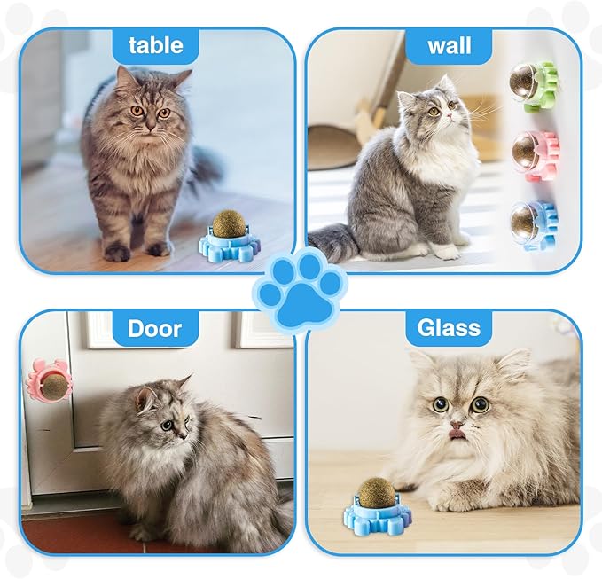 Catnip Balls 4 Pack Wall Mounted Catnip Balls 360° Rotatable Interactive Cat Toys for Indoor Cats Anxiety Relief & Teeth Cleaning Chew Toys