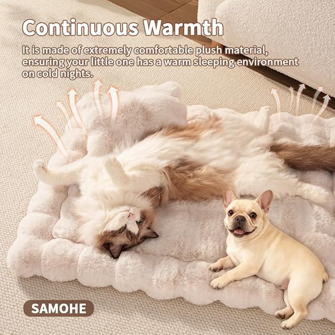 Self-Warming Cat Bed, Plush Faux Fur Pet Bed Mat with Anti-Slip Bottom, Ultra Soft Heated Pad for Cats & Kittens, Cozy Fluffy Bed for Window & Sills Couches, Machine Washable, 23x15 Inch White