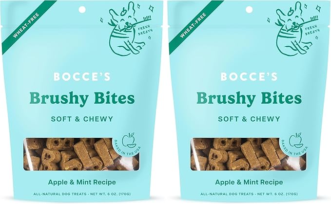 Bocce's Bakery Dailies Brushy Bites Dog Treats for Wellness Support,Wheat-Free Dog Treats,Made with Real Ingredients,Baked in The USA,All-Natural Soft & Chewy,Apple & Mint Recipe,6 oz,(Pack of 2)
