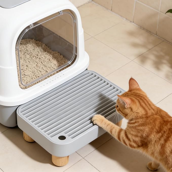 Litter Box Ramp, Cat Litter Catcher Mat with Wooden Feet, Filter Function, Litter Box Step for Small & Elderly Cats, Fits Automatic Litter Boxes (Light Grey)