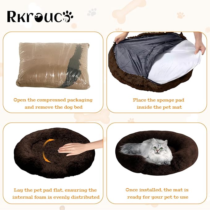 Fluffy Dog Bed Calming Donut Beds for Large Dogs Warming Round Small Medium Pet Nest Cozy Cat Mattress Indoor Washable Puppy Kennel Kittens Sleep Mat (S, 23.6×23.6 inch, Brown)
