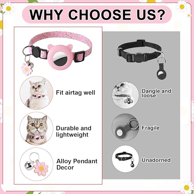 3 Pack Airtag Cat Collar Breakaway Floral Cat Collars with Air Tag Holder, Bells and Flower Charm Adjustable Safety Kitten Collars for Girl Boy Cats