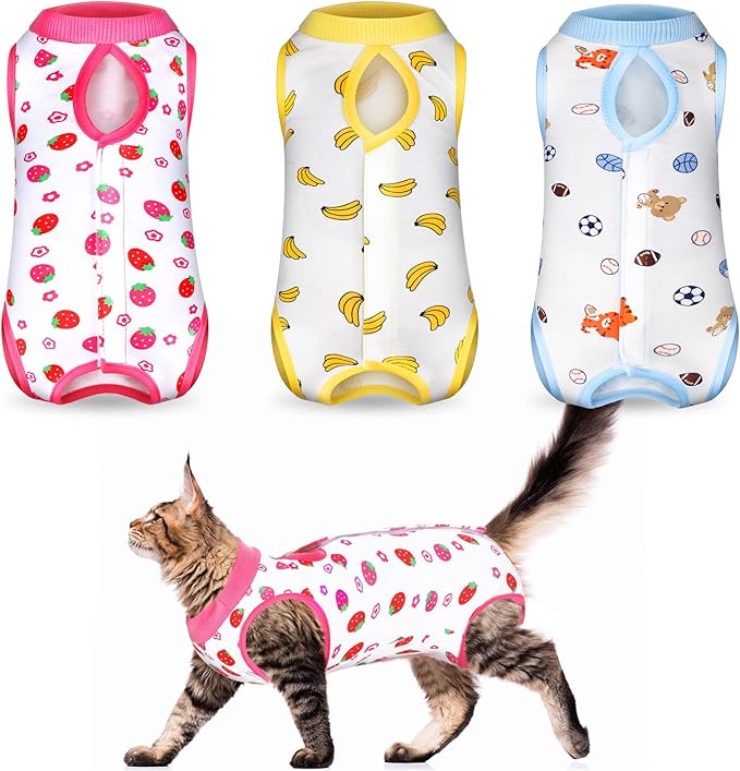 Nuanchu 3 Pieces Cat Recovery Suit Kitten Recovery Suit E-Collar Alternative for Cats and Dogs Abdominal Skin Anti Licking Pajama Clothes Sets(Small,Strawberry Style,Colorful)