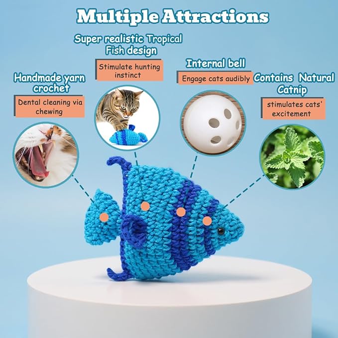 Cat Toys with Catnip & Bell Soft Natural Cat Nip Toys for Indoor Cats Hand Crocheted Interactive Kitten Fish Toys