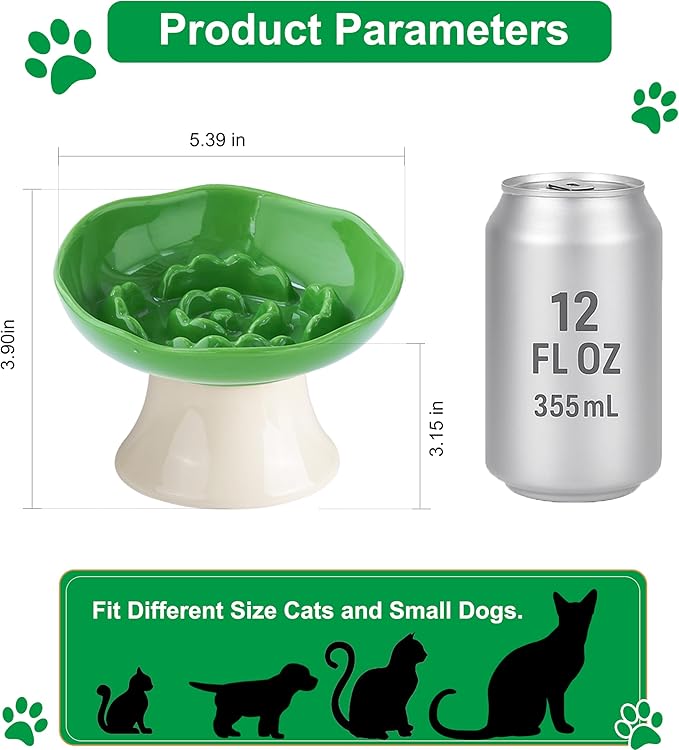 Ceramic Slow Feeder Bowl for Cats and Small Dogs, Elevated Tilted Pet Food Dish, Whisker Friendly Anti-Vomit Design, Heavy Stable Base, Dishwasher Safe， 5 Colors Options (Leaf Green)