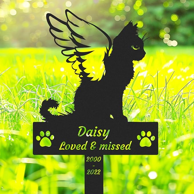 Custom Cat Memorial Stake Grave Marker, Personalized Metal Cat Memorial Grave Marker with Wings, Pet Cat Remembrance Stake Customized Cat Memorial Plaque with Paws Cat Loss Sympathy Sign