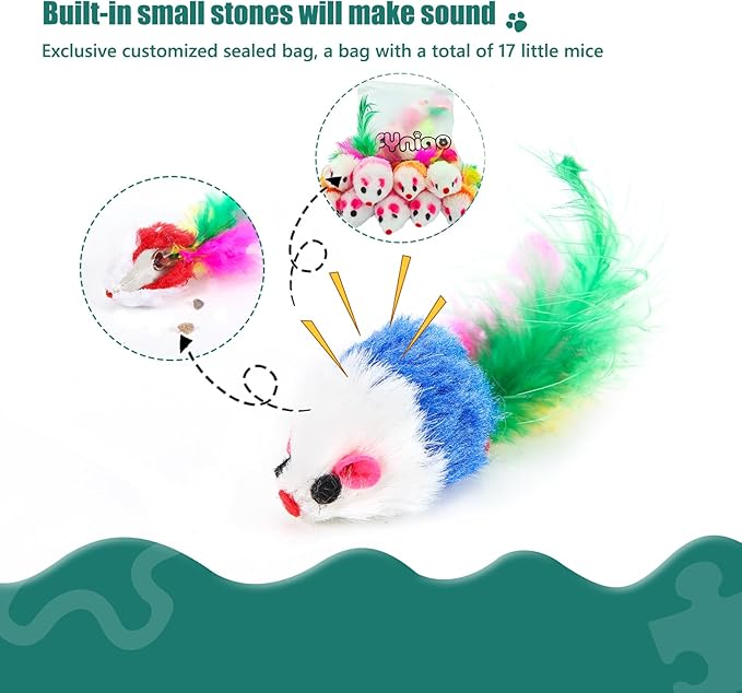 FYNIGO Cat Mouse Toys 17 Pack - Realistic Interactive Plush Hunting Catnip Toys with Feather Tails & Rustle Sound, Fun Kitten & Indoor Cat Toys Set, Best Gift for Cat Lovers