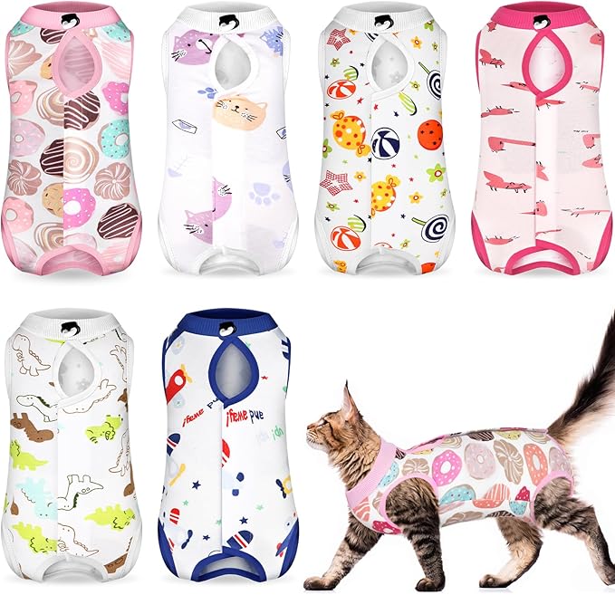 Kacctyen 6 Set Cat Recovery Suit After Surgery Female and Male Cat Kitten Surgery Suit E Collar Alternative Pajama Kitty Clothes for Spay Abdominal Skin Anti Licking(Animal,Medium)