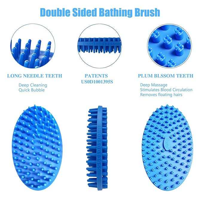 ROPO Double Sided Dog Bath Brush, Pet Grooming Tool with Long and Plum Blossom Teeth, Deep Cleaning and Massage (Blue)
