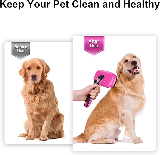 Self Cleaning Slicker Brush for Dog, Cat, Skin Friendly Shedding & Grooming Tool for Long and Short Haired Pets, Easy Clean Retractable Bristles, Pink