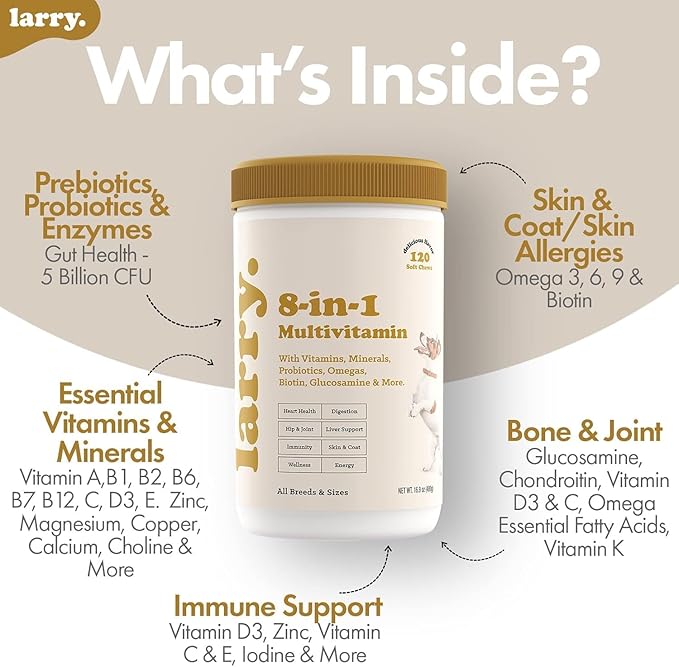 Larry 8-in-1 Multivitamin Dog | Heart, Digestion, Liver, Skin, Coat, & Joint Support for Dogs | Dog Vitamins with Vitamins, Minerals, Omegas, & Glucosamine Chondroitin | 60 Soft Chews