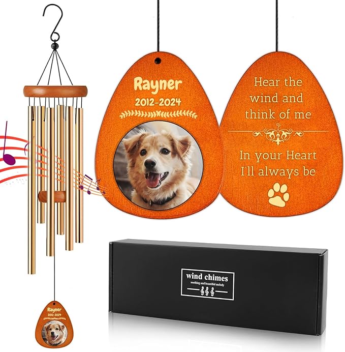 Personalized Dog Memorial Gifts for Loss of Dog - Custom Sympathy Wind Chime with Photo & Name, 26"/32"/37" Outdoor Bereavement Keepsake for Garden or Patio(Gold)