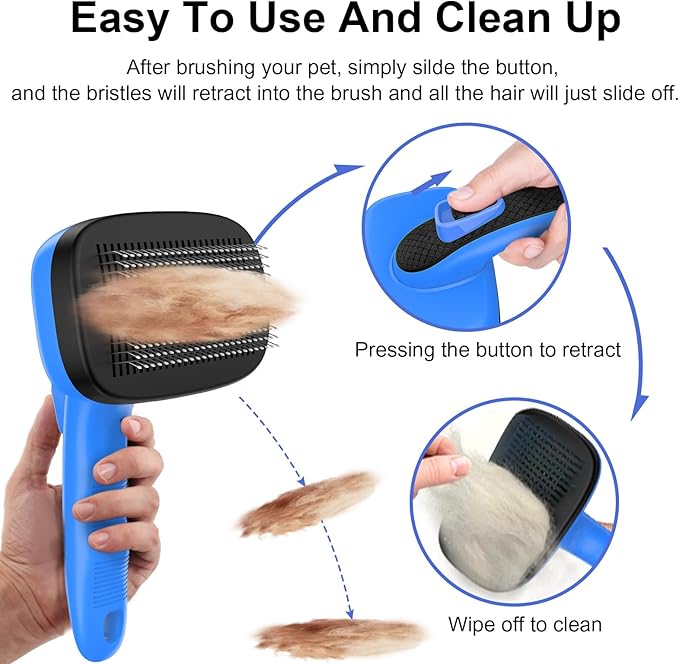 Self Cleaning Slicker Brush for Dog, Cat, Skin Friendly Shedding & Grooming Tool for Long and Short Haired Pets, Easy Clean Retractable Bristles, Blue