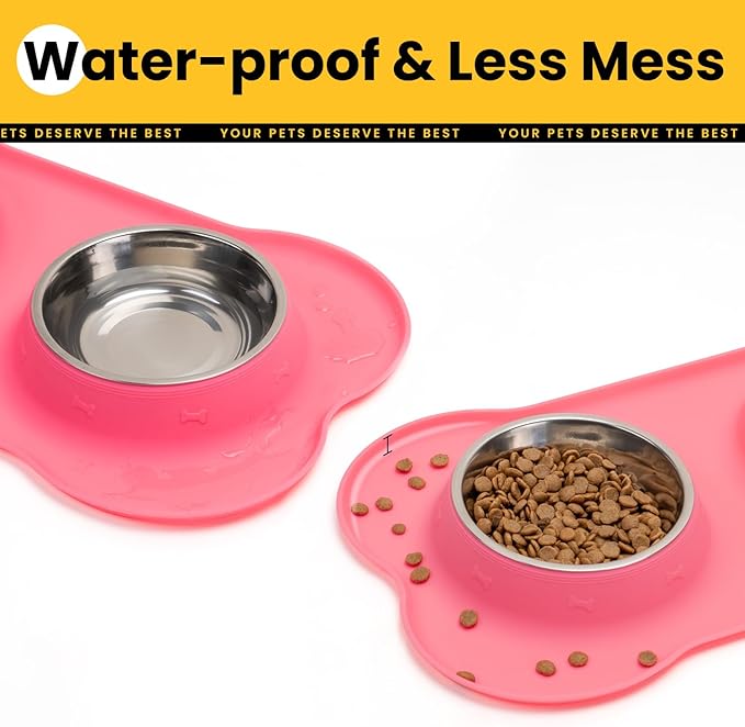 Stainless Steel Dog Bowls with Non-Slip Silicone Mat, Spill Proof Food & Water Bowls Set, Easy Clean Puppy Food Dish, Dishwasher Safe, Suitable for Dogs Cats Pet Under 20lbs, Small, Pink