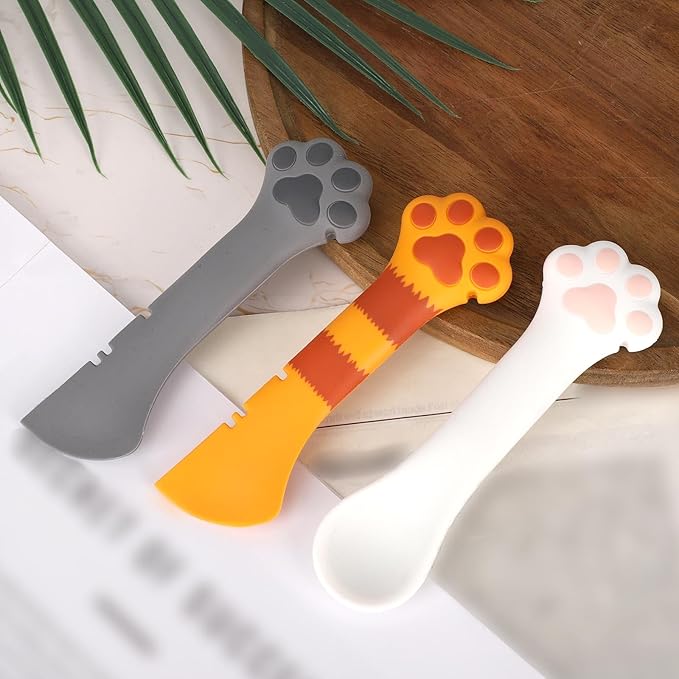 TOYMIS 3pcs Dog Cat Food Spoon, Silicone Can Opener Paw Design Multifunctional Pet Spatula Scoop Wet Food Mixing Spoons for Pet Supplies (White, Yellow, Grey)