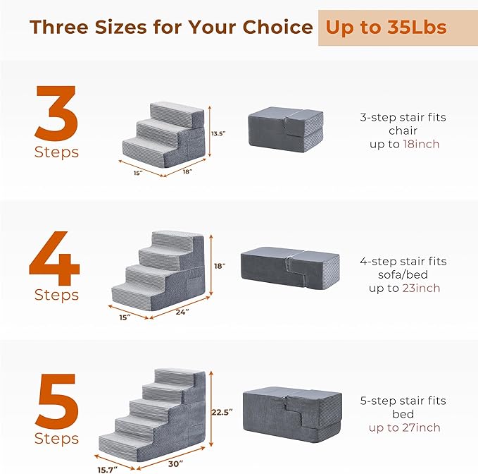 HYLEORY Dog Stairs for Bed 13.5''H, 3-Step Pet Stairs for Small Dogs Cats, Sturdy Pet Steps with Non-Slip Bottom, Functional Portable Dog Ramp for Couch/Chair/Sofa/Car, Storage Pocket, Light Grey-Grey