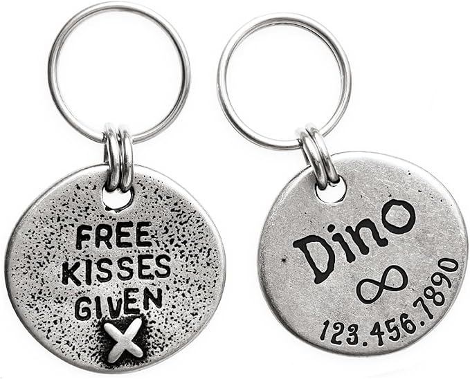 Artistic Handmade Hammered Collar Cat Dog ID Tags with Unique Handcrafted Design and Durable Stainless Steel, Personalized Deep Engraving with Your Own Text (Freekissesgiven)