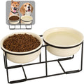 Ceramic Elevated Dog Bowl Set - Raised Food and Water Bowls with Metal Stand - Double Pet Dishes for Small and Medium Dogs - 2 Cups - 27 fl oz - Beige