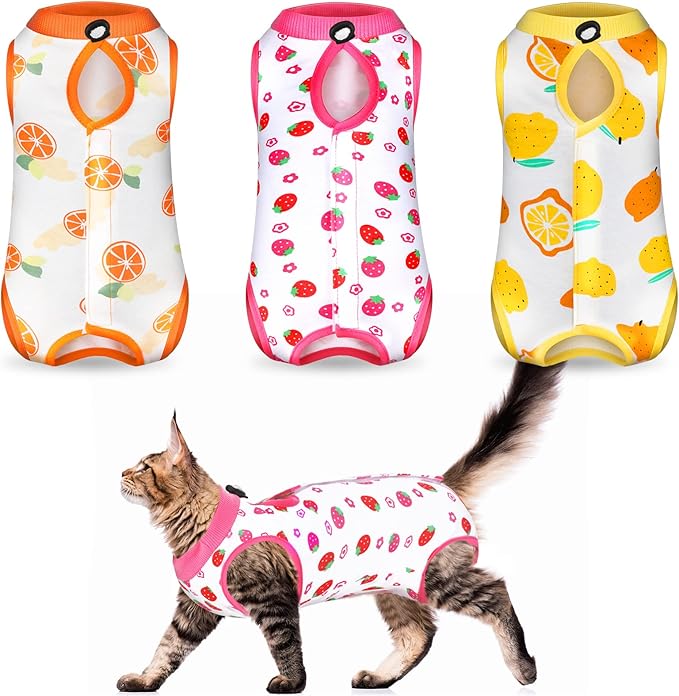 Nuanchu 3 Pieces Cat Recovery Suit Kitten Recovery Suit E-Collar Alternative for Cats and Dogs Abdominal Skin Anti Licking Pajama Clothes Sets(Medium,Fruit Style,Colorful)