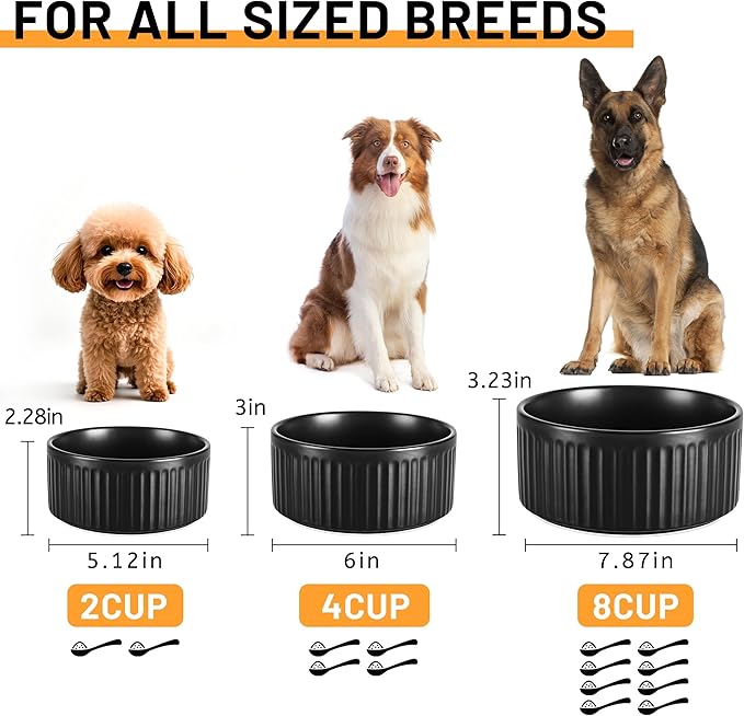 Non-Slip Ceramic Dog Bowls,6" Dog Food and Water Bowl Set with Silicone Base, 32oz/4cups Weighted Flip-Proof Pet Feeding Bowl for Medium Dogs (Medium,Black)