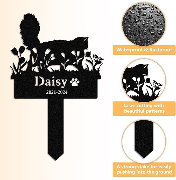 Personalized Pet Graves Marker Cat, Custom Waterproof Pet Headstone, Metal Memorial Plaques for Outdoor Graveyard, Cemetery Yard Decor, Cat Memorial Garden Stakes, Pet Remembrance Gift Color02