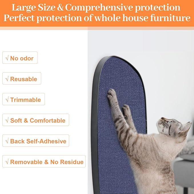 Cat Scratching Mat, Self-Adhesive Cat Scratch Furniture Protector, Trimmable DIY Wall Climbing Carpet, Couch Protector, Scratching Pad Replacement (Dark Blue, 78.7"x15.8")