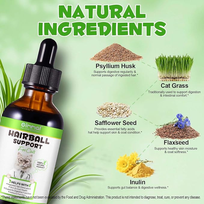 Cat Hairball Remedy Drops, Hairball Treatment for Cats & Kittens with Natural Ingredients, Helps Eliminate and Prevent Hairballs, Cat Grass Flavor, Supports Digestion & Skin Health for All Breeds