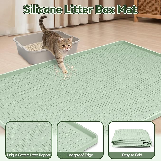 Kalolary Large Cat Litter Box Mat, 47" x 35" Silicone Litter Trapping Mat for Cats, Trapping Mat for Scatter Control with Raised Edge Waterproof Silicone Pad for Floor Easy to Clean (Light Green)