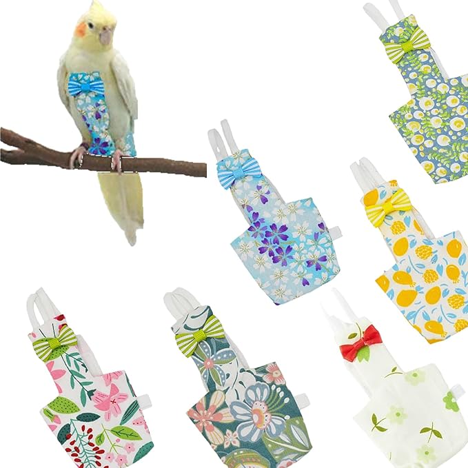 6-Piece Bird Diaper Set for Parrots, Reusable Protective Flight Suits with Waterproof Inner Layer, Washable Urine Wet Suit for Cockatiel, Parakeet, Budgie, and Small Birds (L)