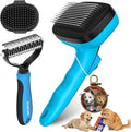 3PC Dog Brush Kit - Self-Cleaning Slicker Brush with Bath Brush & Undercoat Rake | Deshedding Tools for Large - Small Dogs & Cats, Professional Pet Grooming Set for Heavy Shedding, Blue