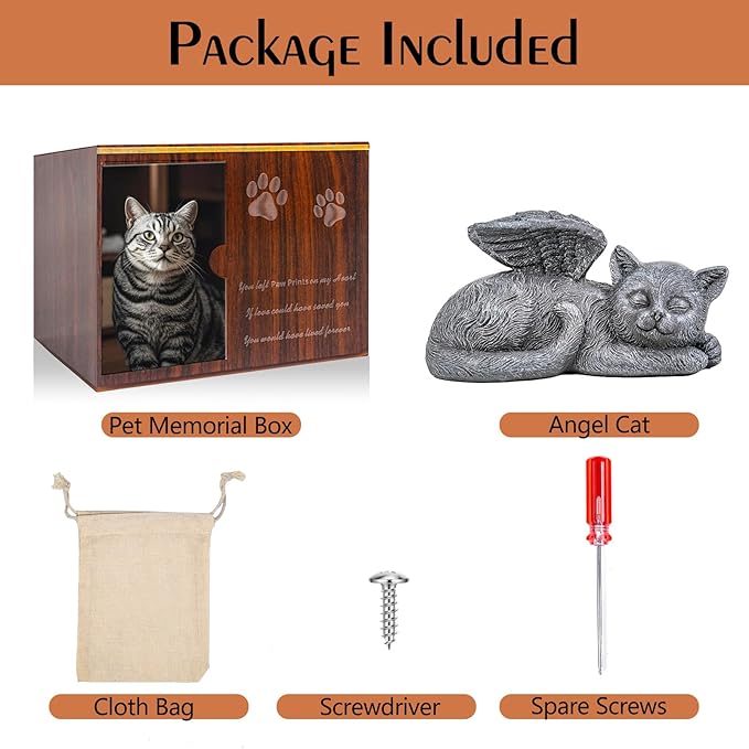 Cat Urn for Ashes - Large Wooden Texture Acrylic Memorial Urn with Angel Cat Statue, Pet Urns for Cats Ashes Keepsake Box - Sympathy Remembrance Gift for Loss of Beloved Pet Urns for Cats