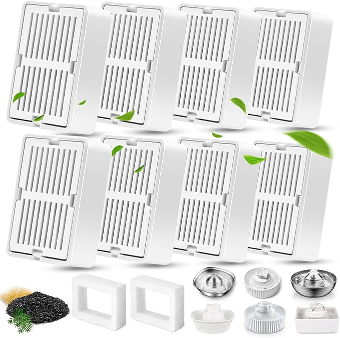 Petilog Cat Water Fountain Filters, 8 Carbon Filters& 2 Foams Filters with Holders, Pet Water Fountain Filters