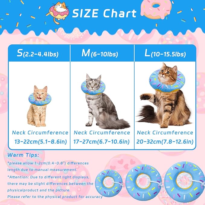 Seyezo Cat Cone Collar Soft, Adjustable Cat Recovery Collar Spay Cones to Stop Licking, Cute Donut E Collar After Surgery, Anti-Lick Wound Healing Elizabethan Collars for Kittens(Donut Blue, Small)