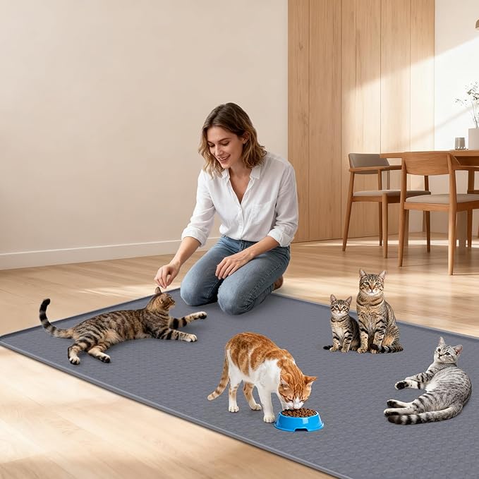 Lanstics Cat Food Mat, 51" x 26" Large Silicone Mat Cat Feeding Mat with Raised Edge Non-Slip Pet Feeding Mat for Food and Water Bowl, Easy to Clean, Floor Protection (Gray)