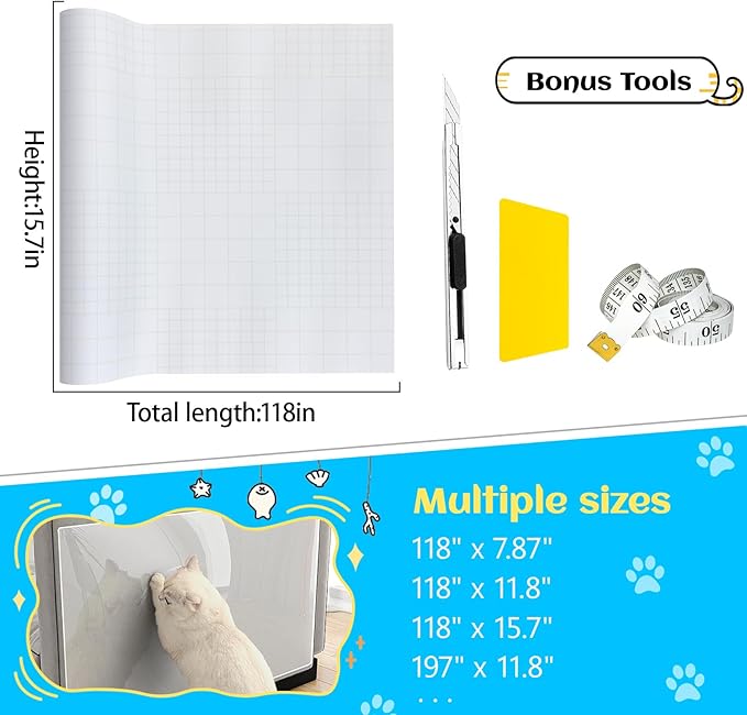Anti Cat Scratch Furniture Protector, Couch Corner Protectors for Cats, Furniture Protectors from Cats Scratching, Walls, Doors with Pocket Knife, Scraper, Tape(15.7" x 118")