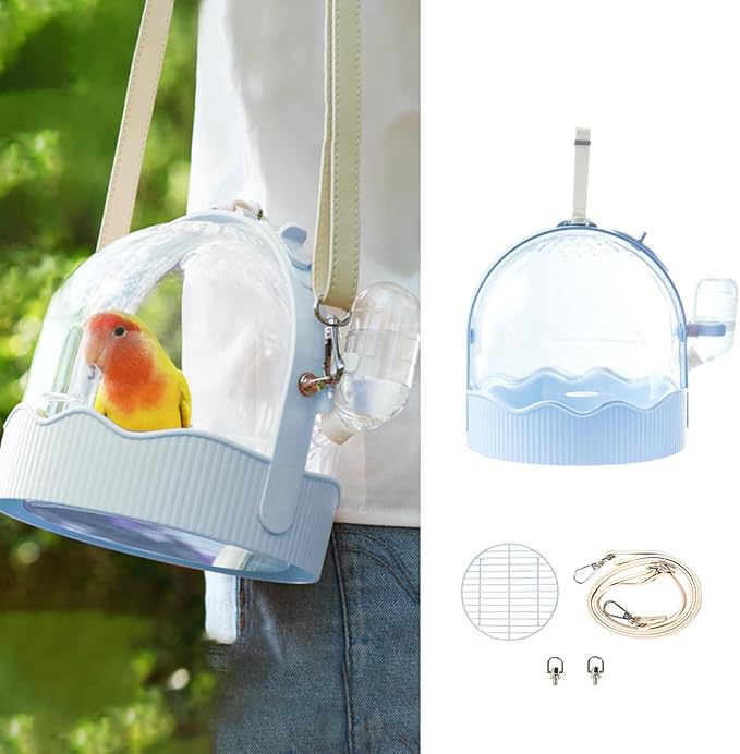 MANON ROSA Bird Carrier Cage with Water Bottle, Portable Travel Carry Case for Small Pets: Lovebird, Budgie, Parakeet, Cockatiel, Conures (Blue)