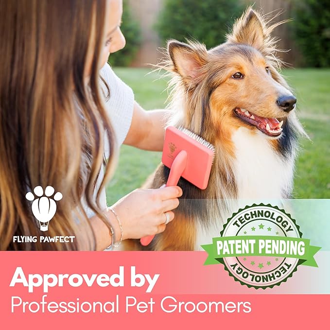 Premium Slicker Brush With Soft Massage Grooming Stainless Steel Pins - For Dematting, Shedding Fur, and Undercoat - Ideal Gift for Professional Pet Groomers - Long Slicker Brush (Coral, Curved Large)