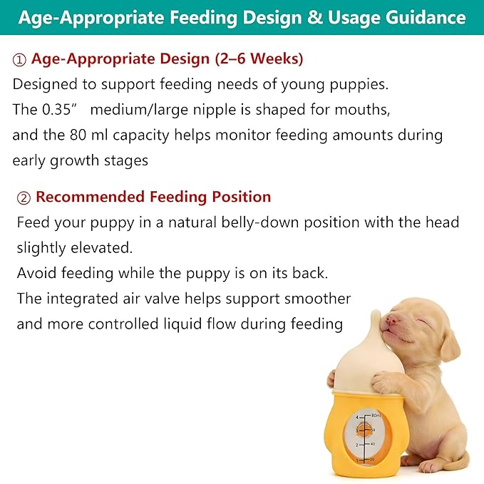 Puppy Nursing Bottle Medium/Large 80ml, Silicone Nipple Feeding Bottle for Newborn Puppies (2–6 Weeks), Blue