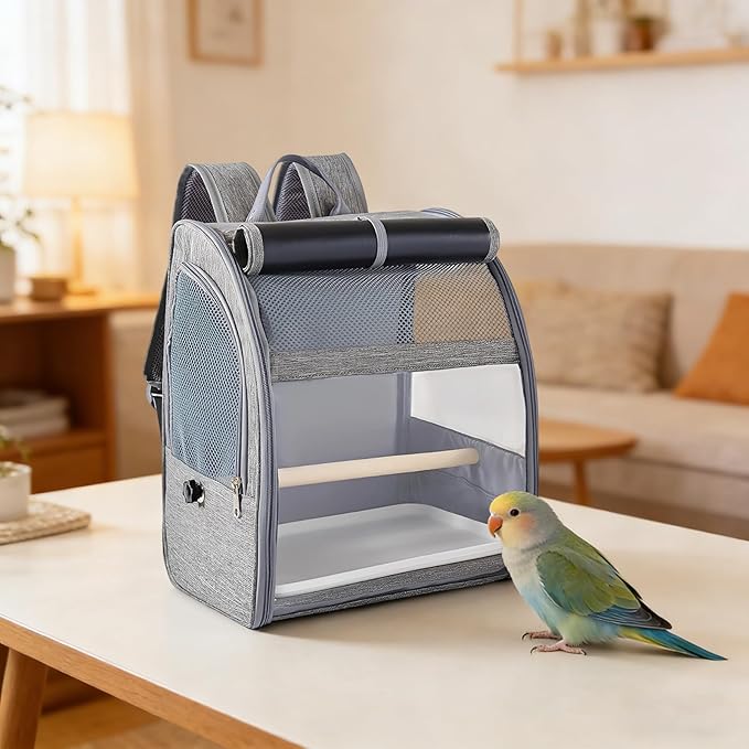Bird Carrier with Mesh Window and Removable Perch & Tray, 12.2 X 9.6 X 15 in Portable Gray Bird Backpack, Suitable for Cockatiel