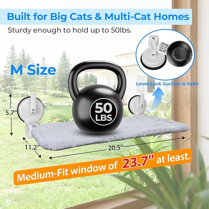 L&W BROS. Cat Window Perch with Lever Lock Suction Cups Holds up to 50 lbs Foldable & Space Saving Design Heavy Duty Window Hammock for Large Cats (M 1Pc)