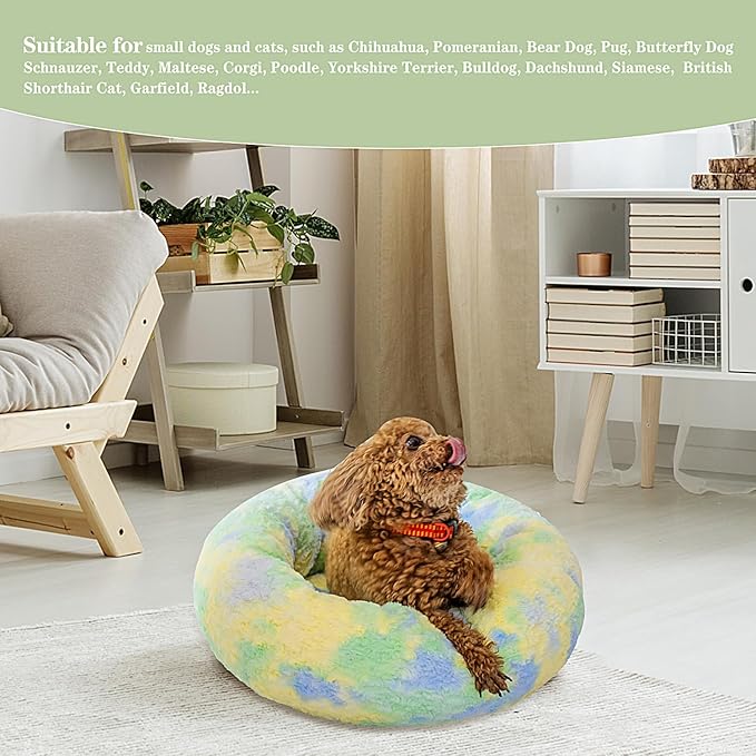 Calming Dog Bed for Small Dogs Cats, Kitty Puppy 23'' Round Anti-Anxiety Warm Fluffy Plush Faux Fur Bed, Soft Anti-Slip Donut Washable Small Pet Bed, Cozy Cat Puppy Bed, Fits up to 30 lbs Pets