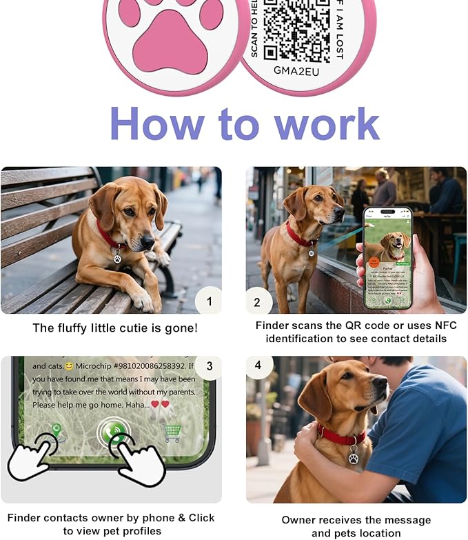 WhoseID QR Code Cat Tag, Modifiable Pet Online Profile Page, Multiple Emergency Contact, Silent Silicone, Lightweight, No Jinging, Collar Accessories, QR Cat ID Tag (Small Breeds - 1", Rose)