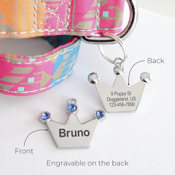 Custom Crystals Crown Pet ID Collar Tag, Personalized Stainless Steel Cute Shiny Bling Sparkly Safety Lost Charm Boy & Girl Dogs Puppies Cats & Ring Engraved SOS customizable with Name, Phone, Address