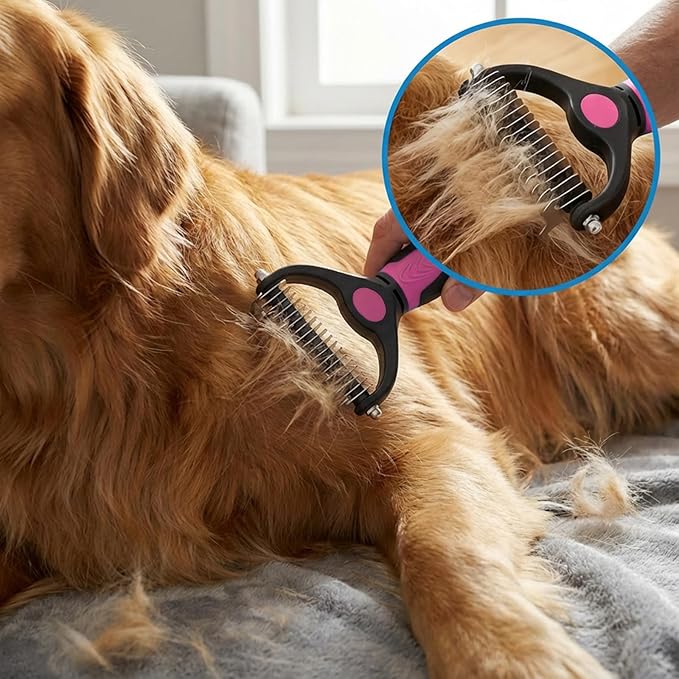Dog Brush Kit for Grooming Short & Long Haired Dogs & Cats, 4-in-1 Pet Grooming Set with Self-Cleaning Slicker Brush, Deshedding Tool, Shampoo Bath Comb, Massge Comb (Pink Black)