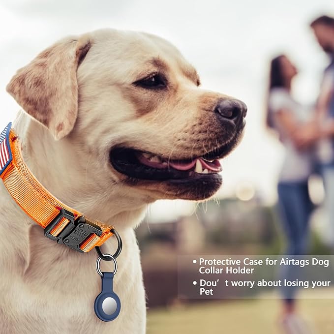 DAGANXI Tactical Dog Collar, Adjustable Military Training Nylon Dog Collar with Control Handle and Heavy Metal Buckle for Medium and Large Dogs, with Patches and Airtags Case (Orange-Set, S)