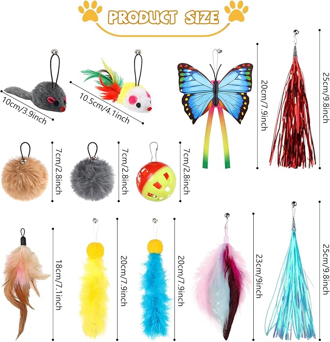Cat Toys Replacement Cat Toy Wand Refills, 12 Pcs Cat Feathers Refill, Cat Toy Mouse Cat Wand Refill Attachments for Indoor Cats
